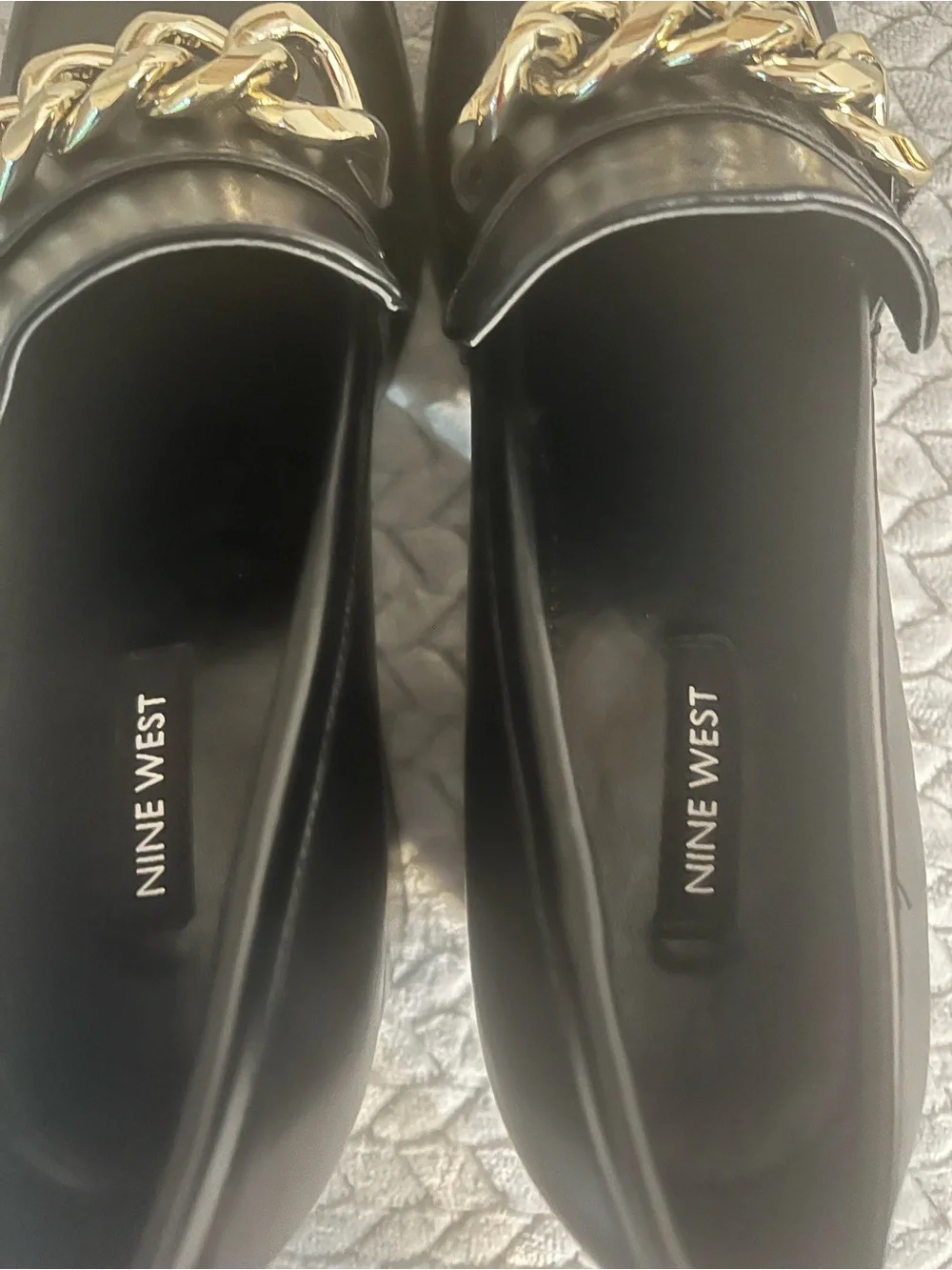 Nine West Black Leather Block Heel Loafers with Gold Chain Accent